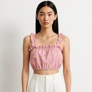 Aritzia Sunday Best Pink Floral Sleeveless Ruffle Cami Camisole Crop Tank Top S